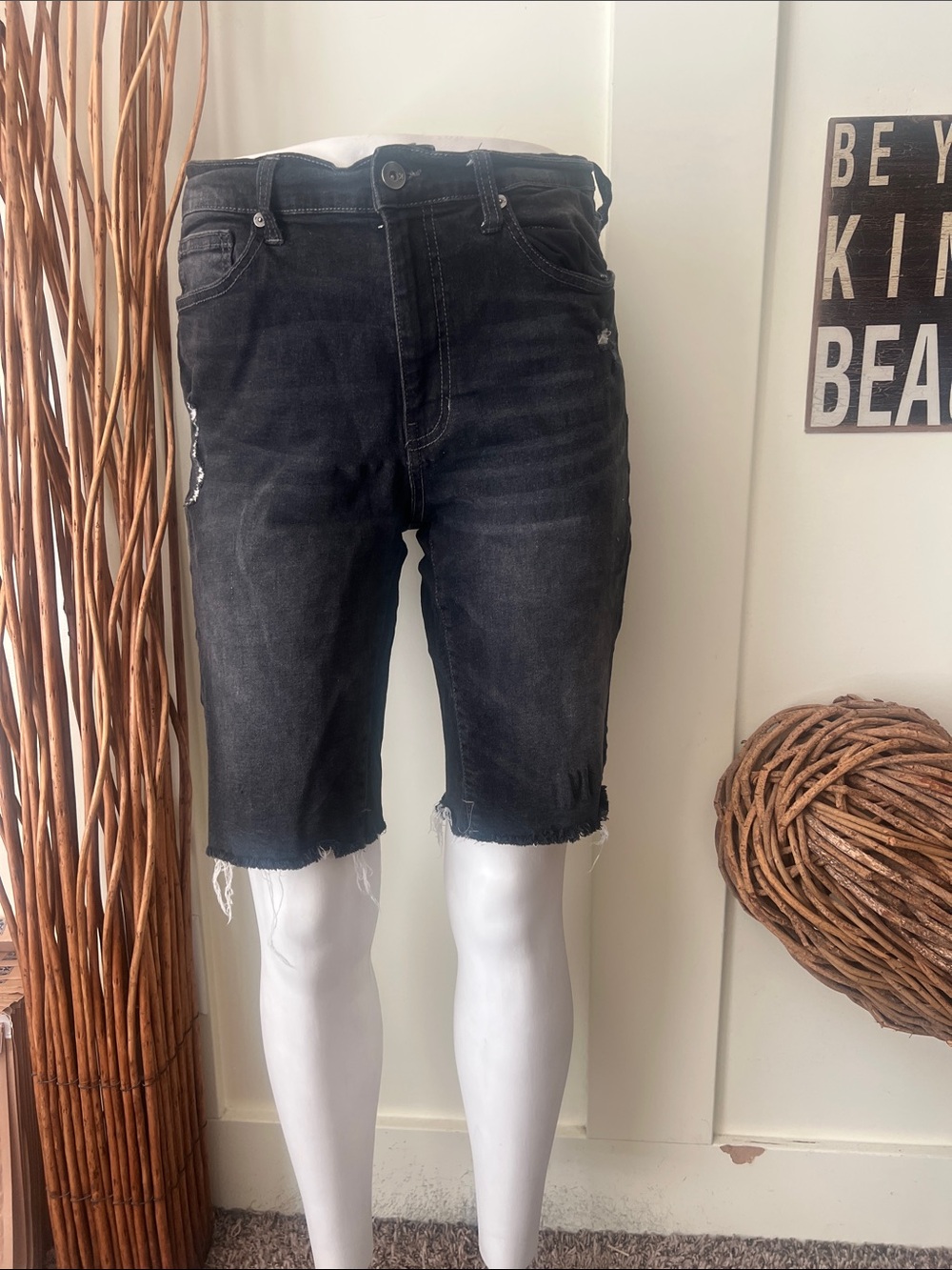 Kendall & Kylie Washed Black Distressed Denim Bermuda Shorts
